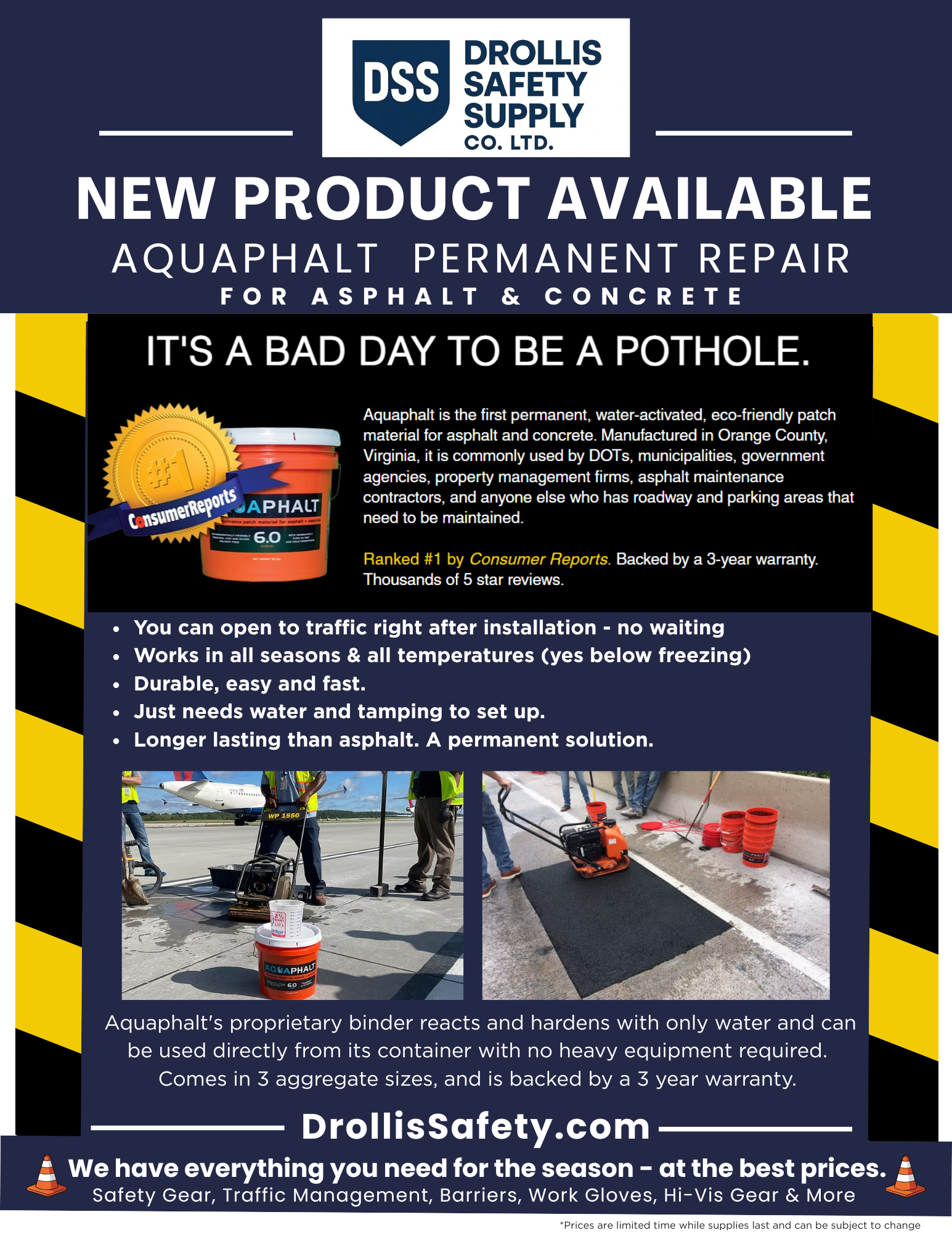 Advertisement for Drolls Safety Supply promoting new Aquaphalt permanent repair for asphalt and concrete, with images of workers repairing roads using the product.