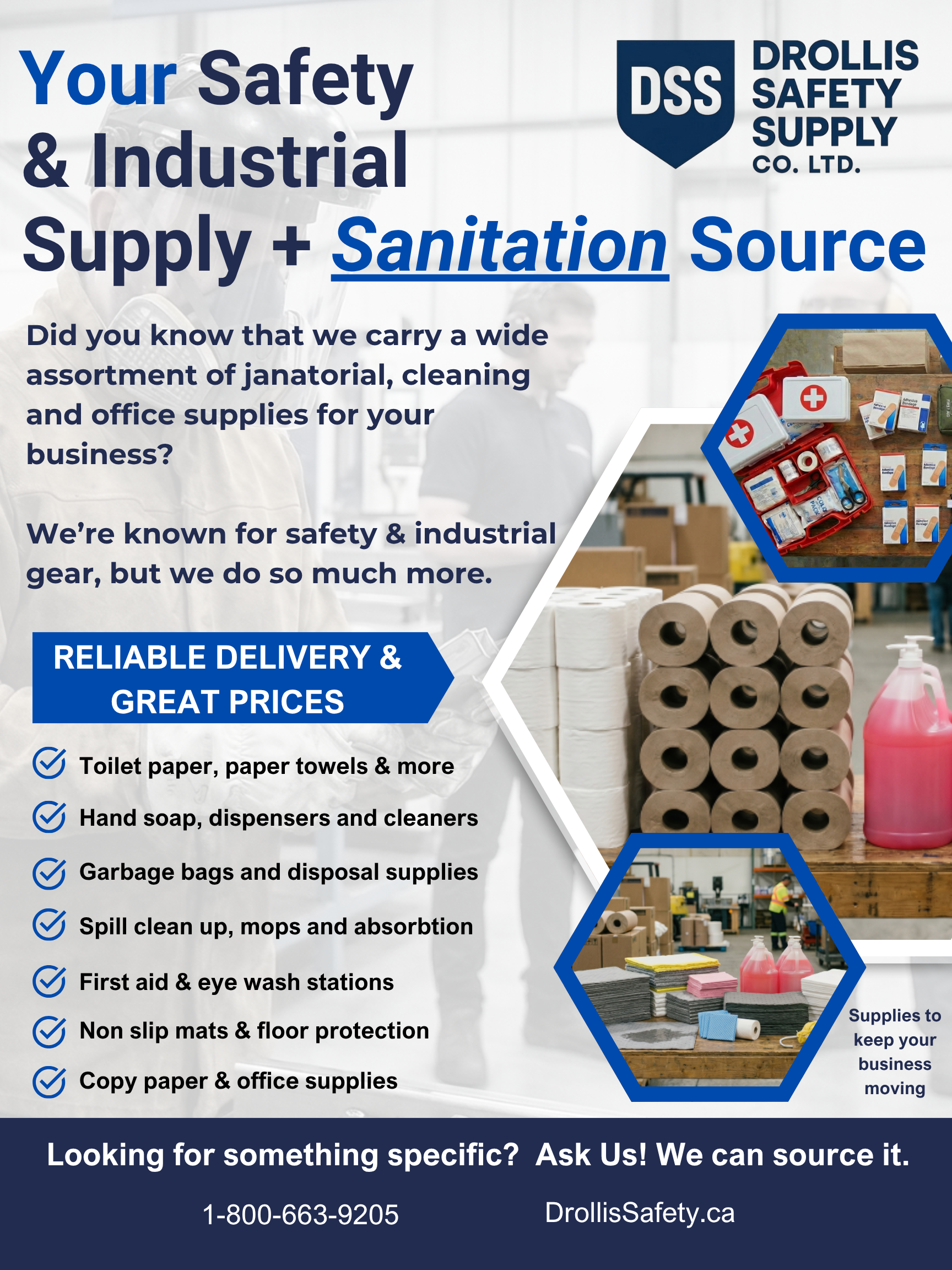 Advertisement for Drollis Safety Supply Co. Ltd. showcasing janitorial, cleaning, and office supplies, including medical kits, hand soap dispensers, garbage bags, spill cleanup materials, first aid stations, non-slip mats, and copy paper, emphasizing reliable delivery and competitive prices.