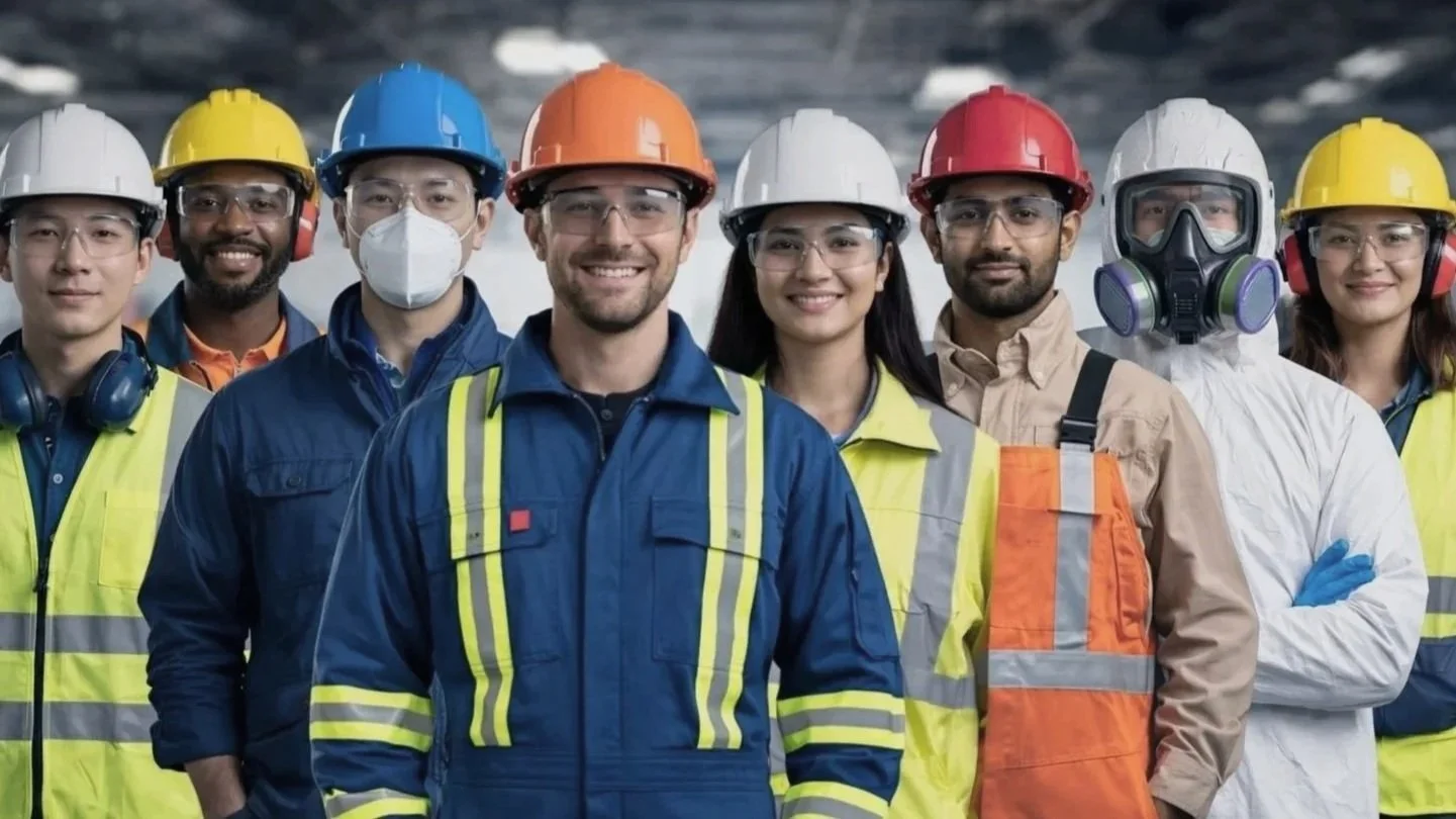 Group of diverse construction workers and engineers wearing safety gear, helmets, and vests standing together in an industrial setting.