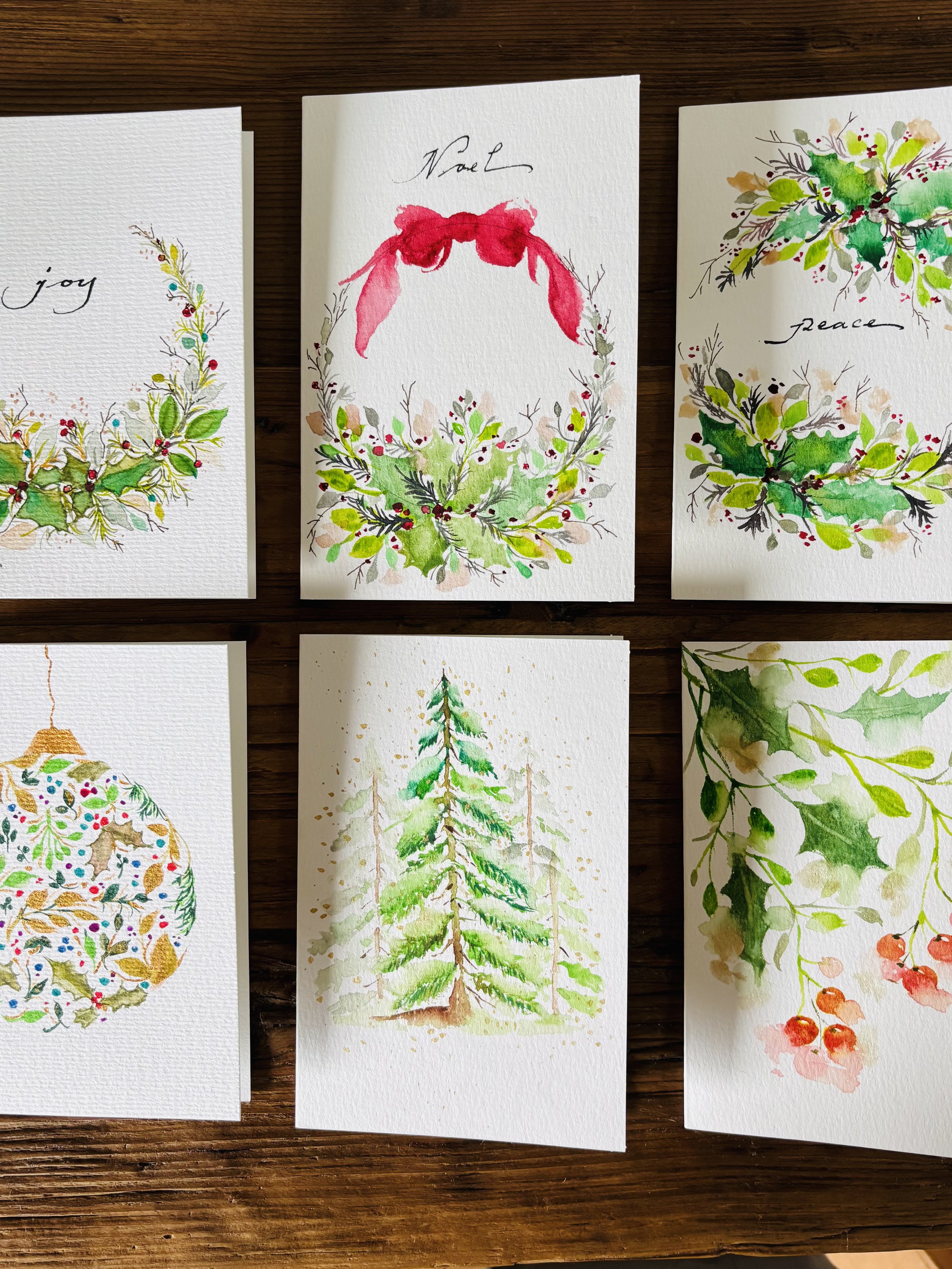 Le Petit Jardin Christmas Botanicals ~ Hand Painted Water Color Note Cards ~ Set of 4