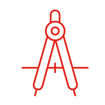 Red graphic of a compass, a drawing tool for measuring and drawing circles.