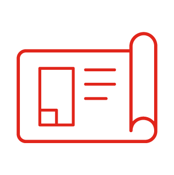 Red graphic of a set of architectural drawings or plans