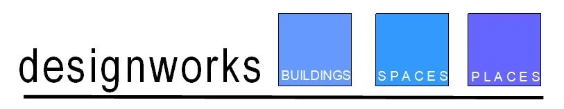 The word 'designworks' with three colored blocks labeled 'BUILDINGS,' 'SPACES,' and 'PLACES.'
