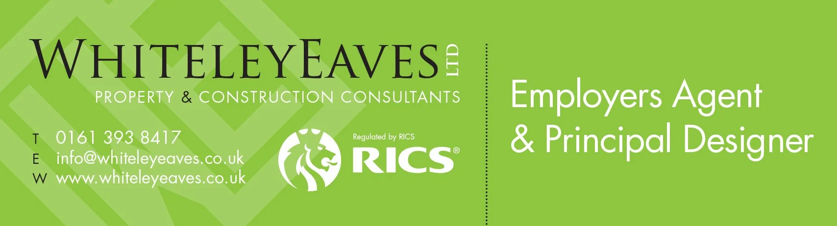 Green business card for Whiteleaves Ltd, property and construction consultants, with contact info, RICS regulation logo, and the title 'Employers Agent & Principal Designer'