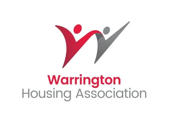 Logo of Warrington Housing Association with stylized red and gray human figures and text.