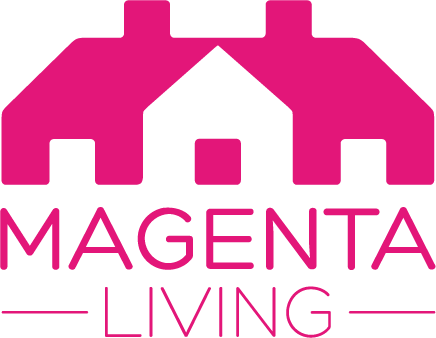 A pink logo of a house with the words "MAGENTA LIVING" underneath, indicating a real estate or housing brand.
