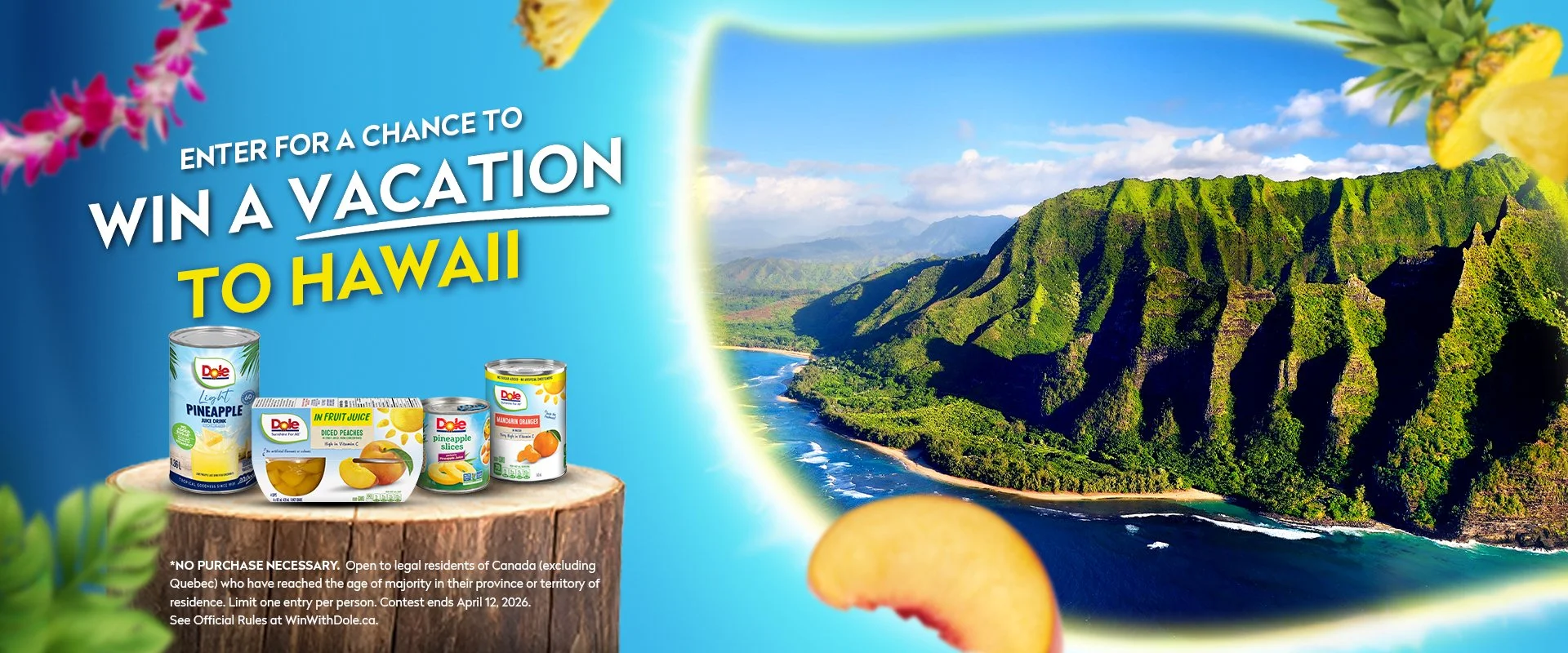 Dole Hawaii contest hero image with products and entry details.