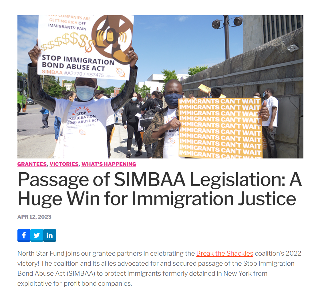 Pro-immigration protest with individuals holding signs that read "Stop Immigration Bond Abuse Act" and "Immigrants Can't Wait" during a rally.