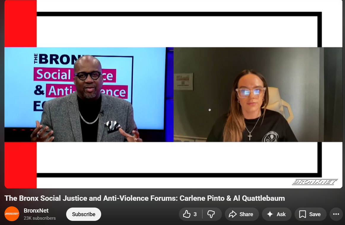 A split-screen video conference with a man on the left wearing a gray blazer and glasses, speaking in front of a screen that reads 'The Bronx Social Justice & Anti-Violence Forums,' and a woman on the right wearing glasses and a black T-shirt with a 