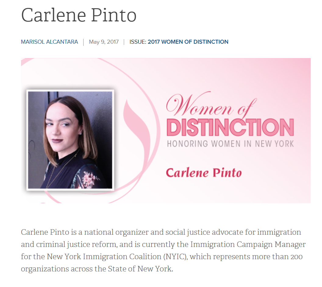 Profile of Carlene Pinto with pink and white background, featuring her portrait and text honoring her as a Woman of Distinction in New York.