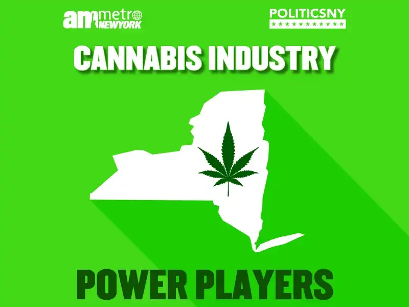 Green background with a white outline of New York state and a large cannabis leaf in the center. Text includes 'am metro NEW YORK,' 'POLITICSNY,' 'CANNABIS INDUSTRY,' and 'POWER PLAYERS.'
