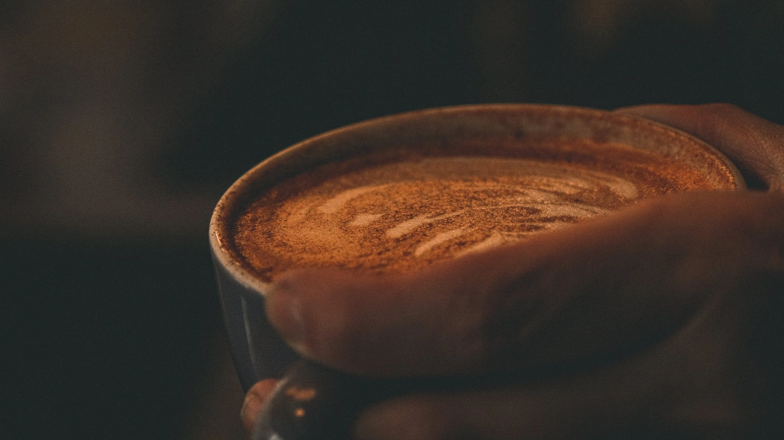 Close-up of a cup of coffee with cinnamon or cocoa powder on top, held by a person's hand.