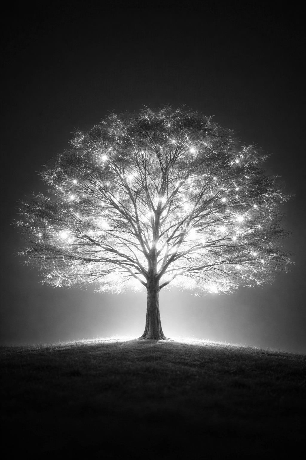 A black-and-white image of a large tree with lights illuminating it from behind, creating a glowing effect, standing on a hill against a dark sky.