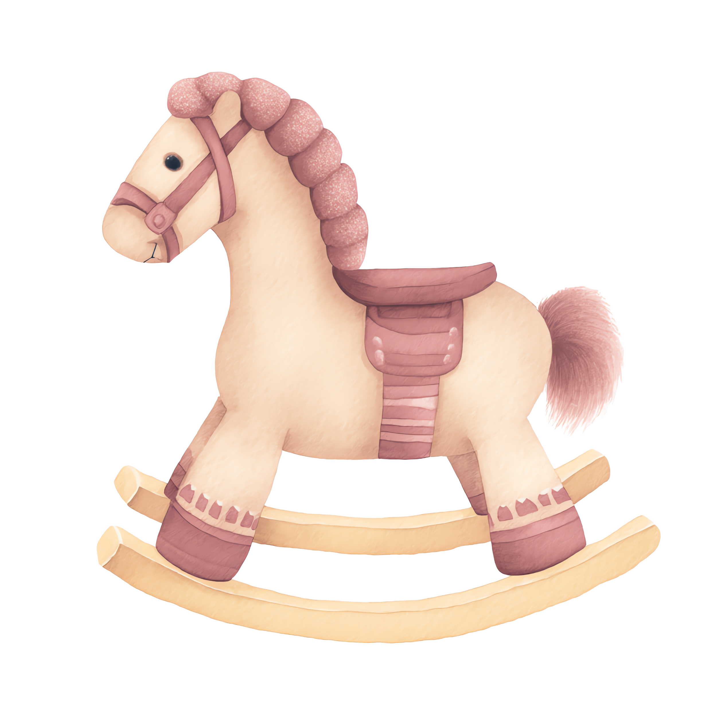 A cartoon-style drawing of a cream-colored horse with pink mane, tail, saddle, and decorative elements, standing on a plain background.