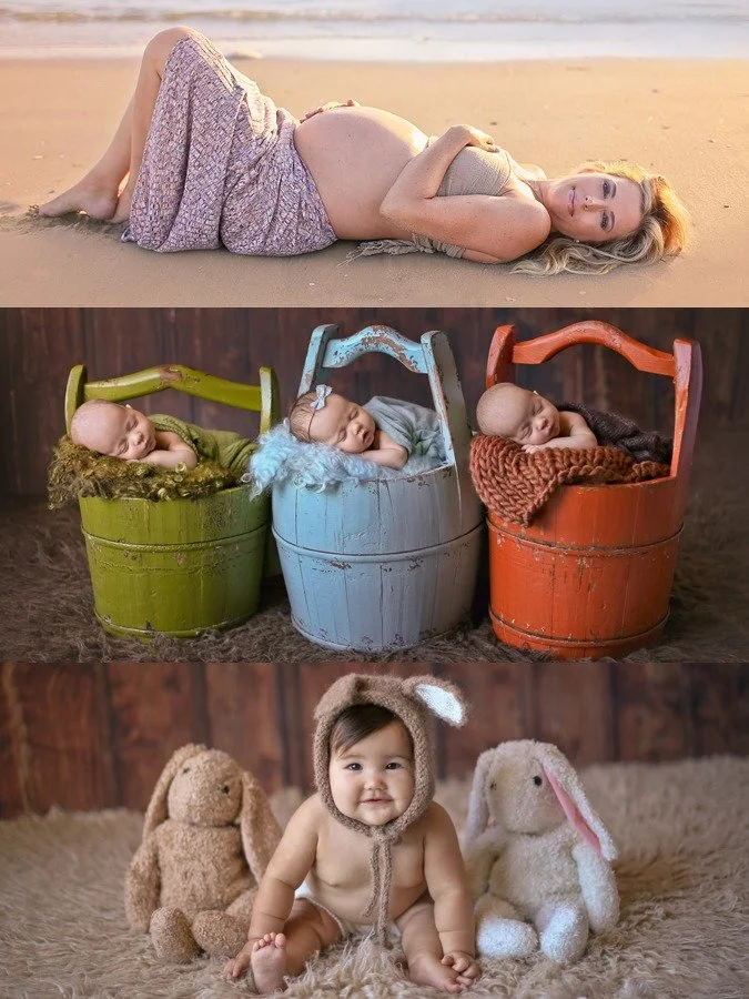 Three rows featuring babies with rabbit-themed props. The top row shows a pregnant woman lying on the beach. The middle row displays three sleeping babies in colorful buckets, each with a cute headband. The bottom row features a baby dressed as a bunny with plush bunnies around, all on a furry rug.