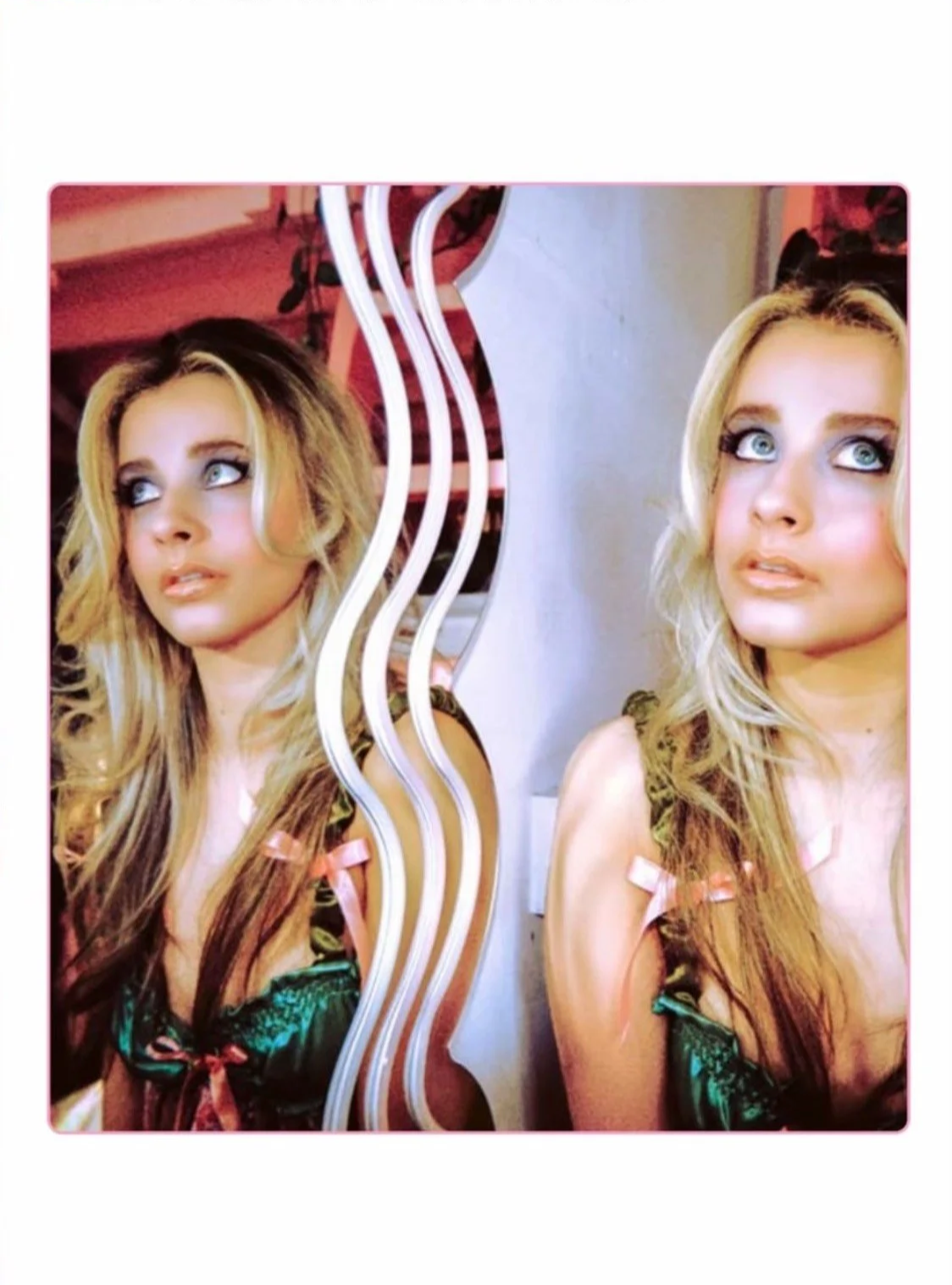 Editorial narrative: Model in a ribbon-detailed, patterned dress, utilising a wavy mirror reflection to illustrate depth and movement.