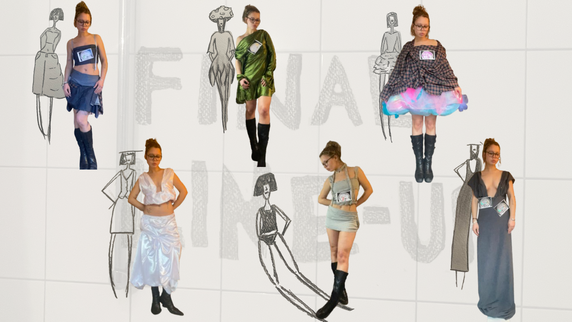 Presentation of physical garments alongside fashion illustrations, illustrating the transition from sketch to 3D form.