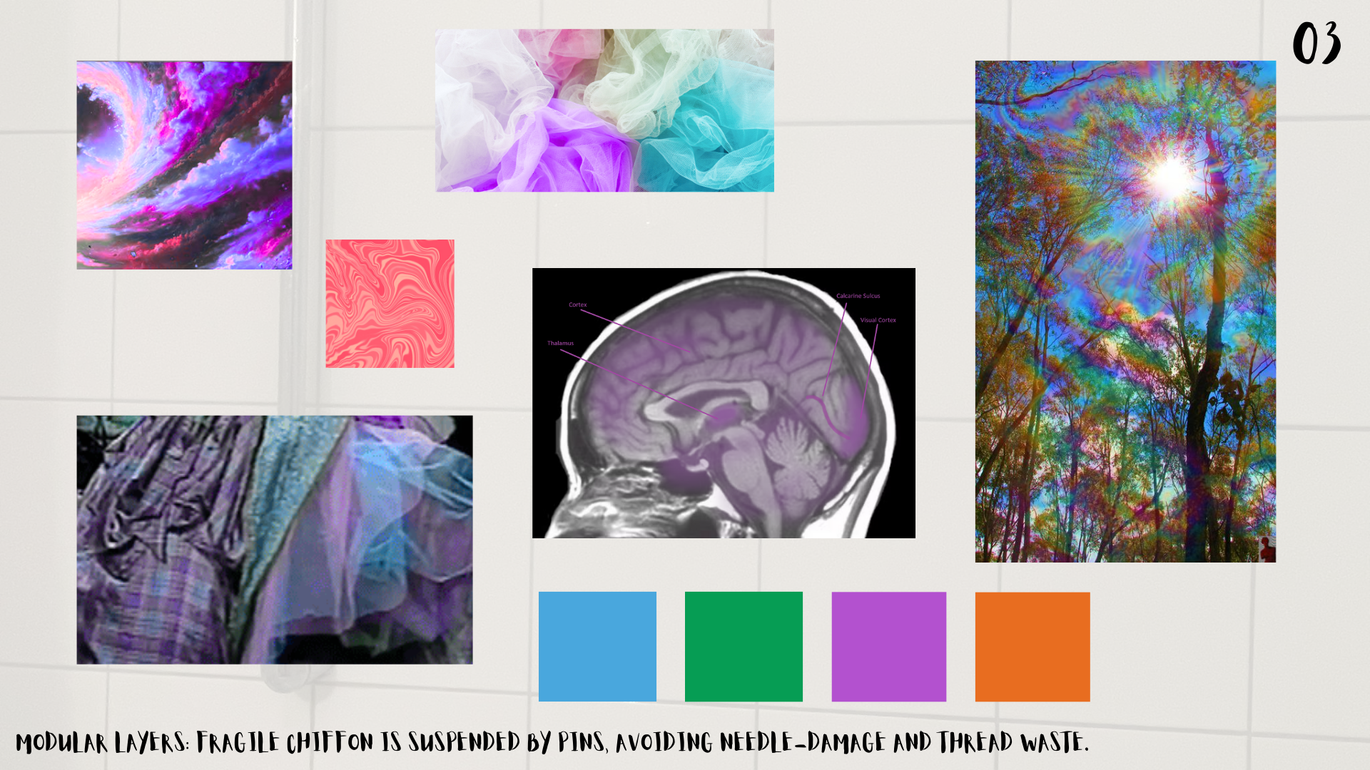 Modular layering: Fragile chiffon textures suspended by pins, exploring fragmented construction and textile fragility.