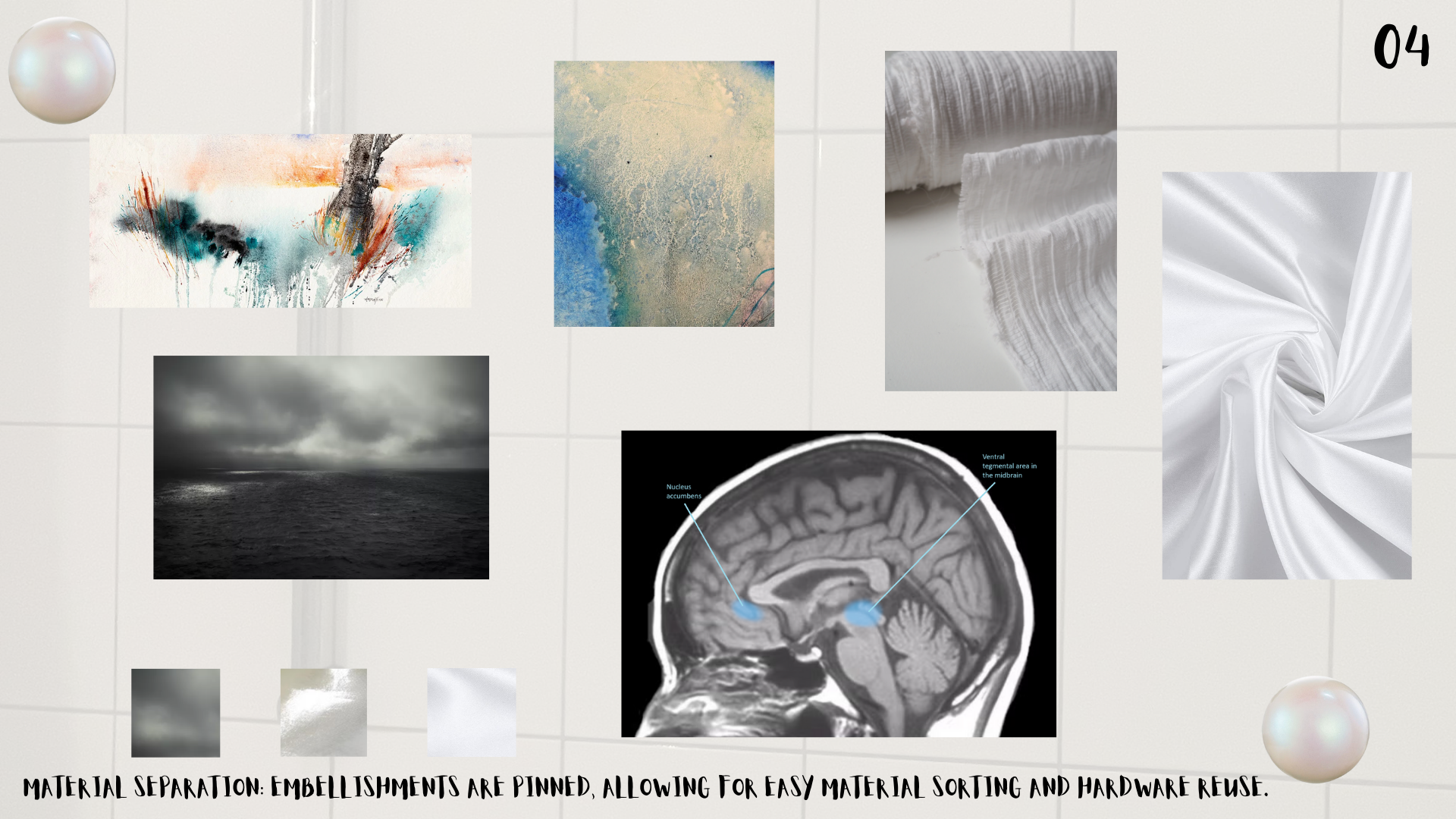 Sustainable design methodology: Visualising embellishment pinning for easy material sorting and hardware reuse.