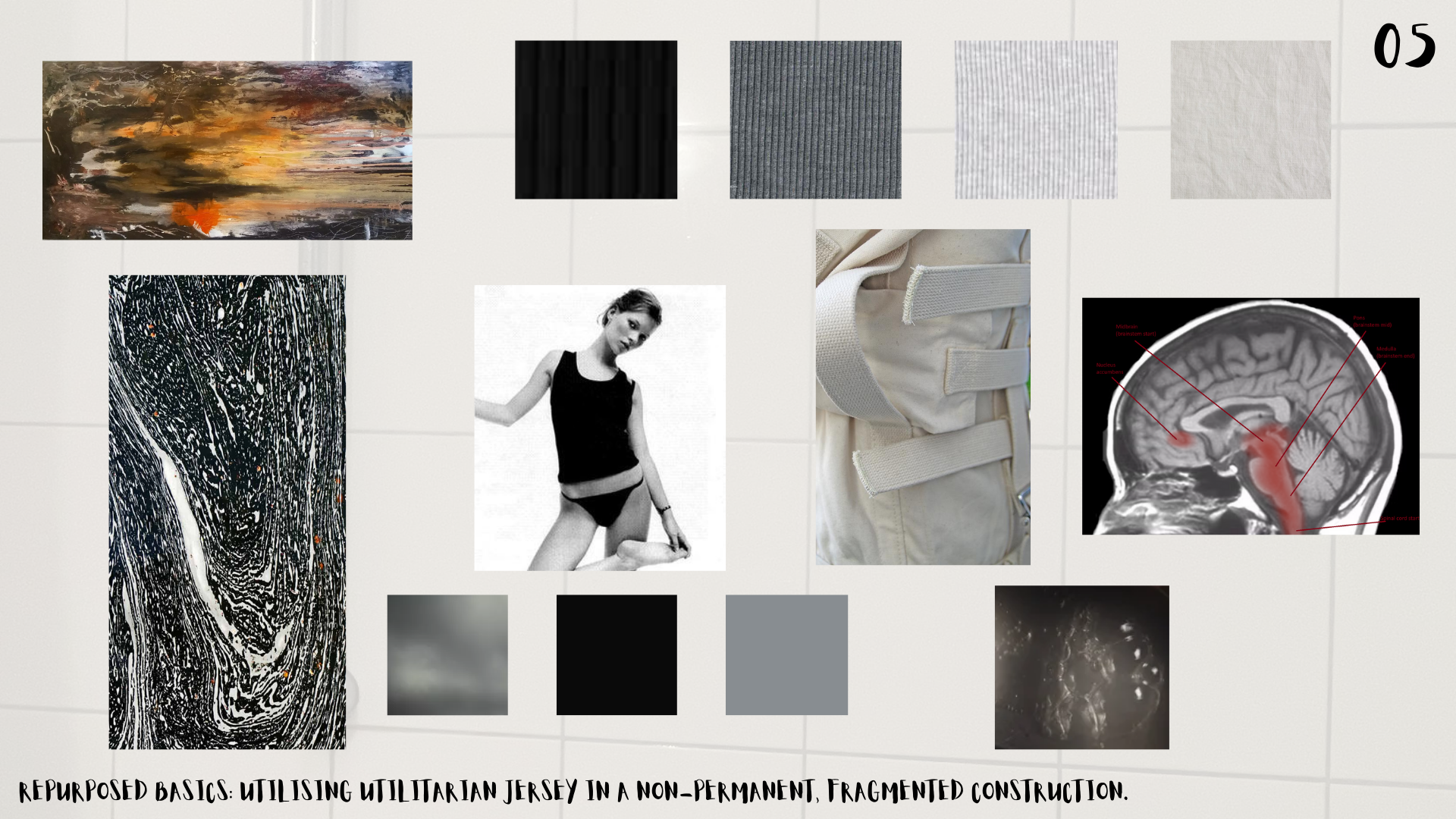 Design research: Utilising utilitarian jersey in a non-permanent, fragmented construction to repurpose wardrobe basics.