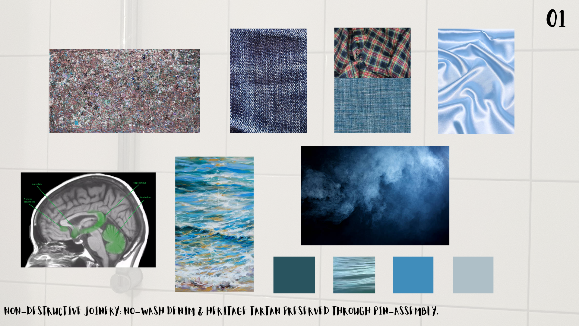Material study for metamorphosis: Comparison of no-wash denim and heritage tartan textures with brain MRI scans for design inspiration.
