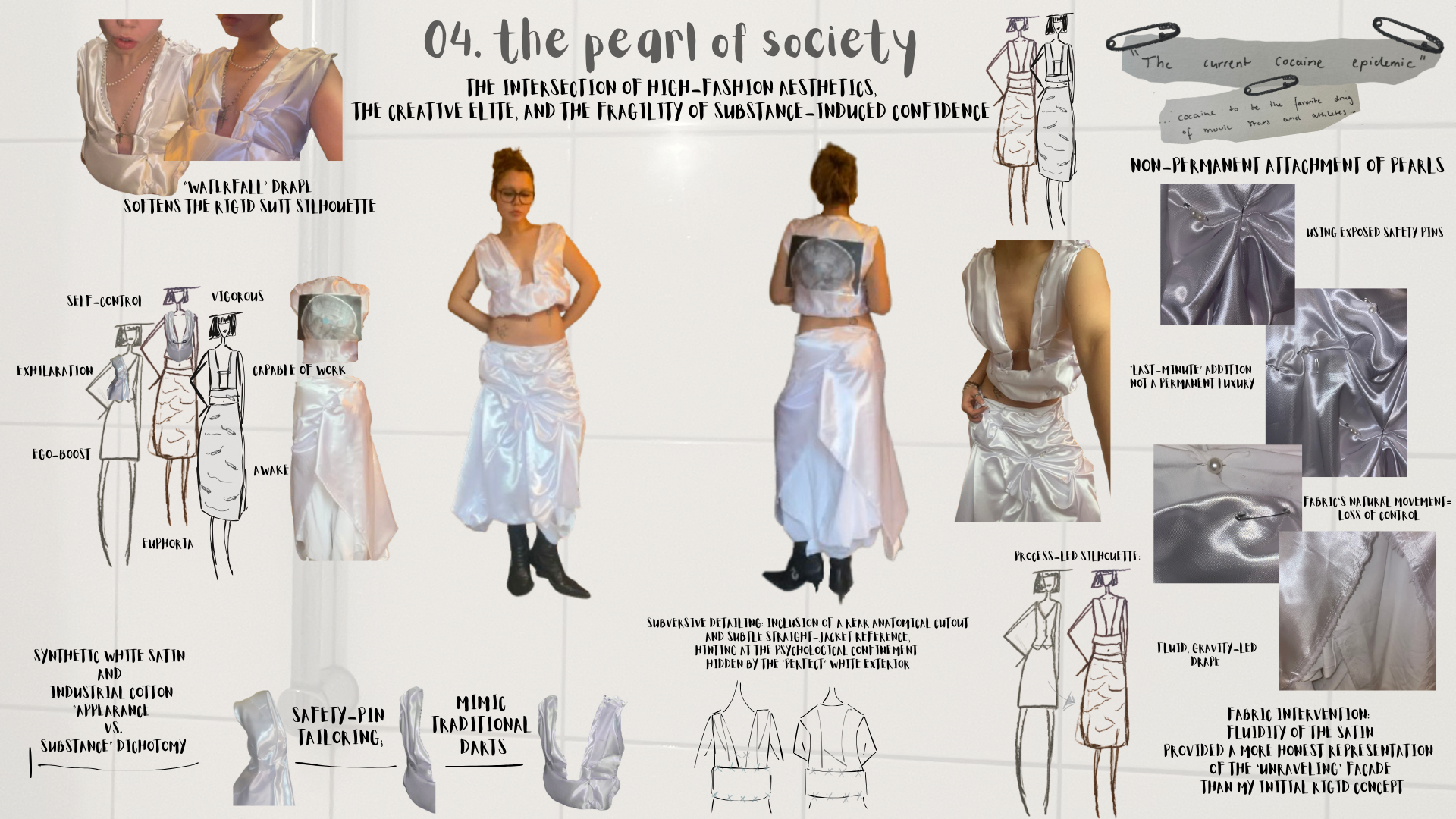 Conceptual fashion design: Asymmetrical draped skirt and draped top exploring themes of psychological concealment and fluidity.