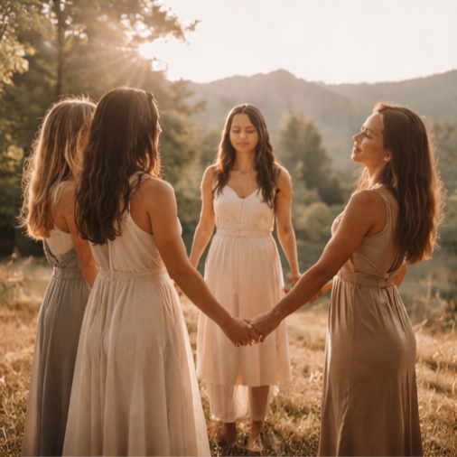 Five women in white dresses holding hands in a circle outdoors during sunset, with mountains and trees in the background.