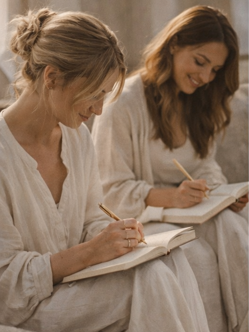 Two women in light-colored clothing sitting side by side, writing in notebooks.