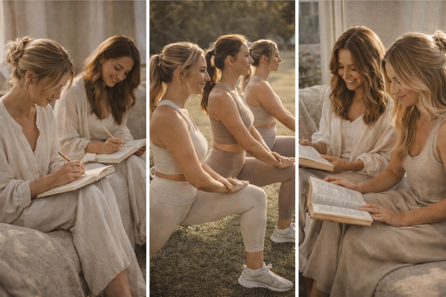 Three women in comfortable clothing, engaging in meditation outdoors, with two women reading books indoors with a cozy, relaxed atmosphere.