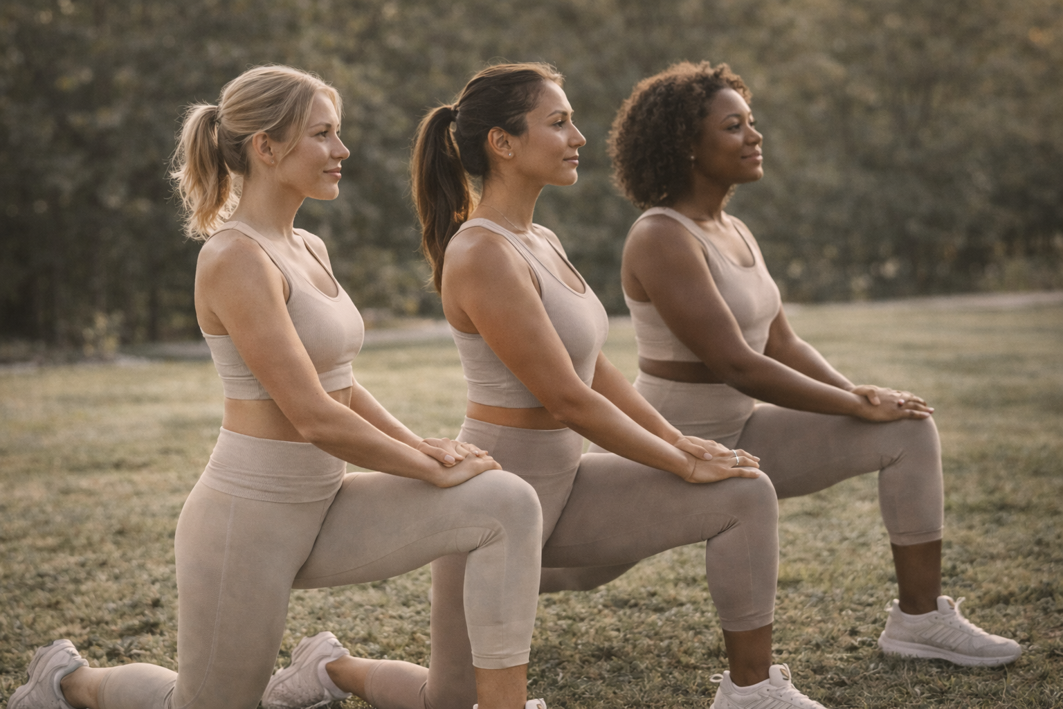 Three women in matching workout outfits practicing yoga outdoors on grass, kneeling and holding their knees with hands, with trees in the background.