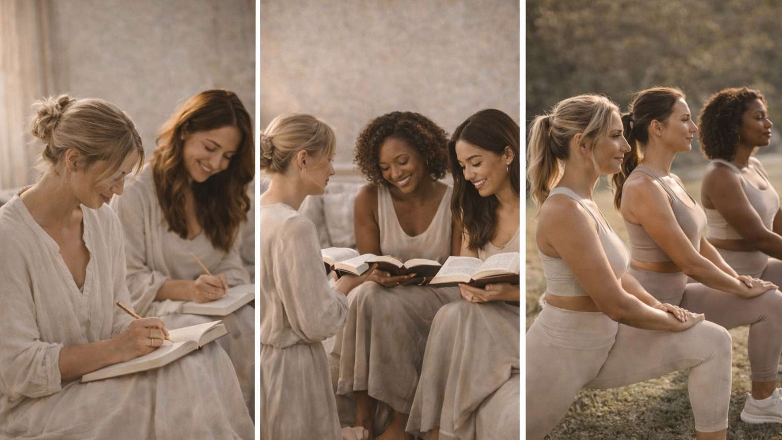Women practicing yoga and reading spiritual books outdoors during sunset.