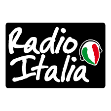 Logo of Radio Italia with black background, white text, and a stylized Italian flag within a speech bubble