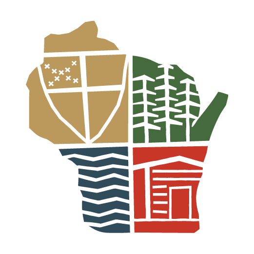 lOGO IN SHAPE OF STATE OF WI FEATURING EPISCOPAL SHIELD, PINE TREES, WATER AND CABIN