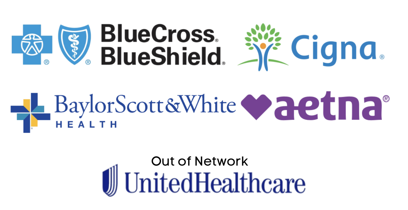 A collage of logos from health insurance companies, including Blue Cross Blue Shield, Cigna, Baylor Scott & White Health, Aetna, and United Healthcare, with a message indicating United Healthcare is out of network.