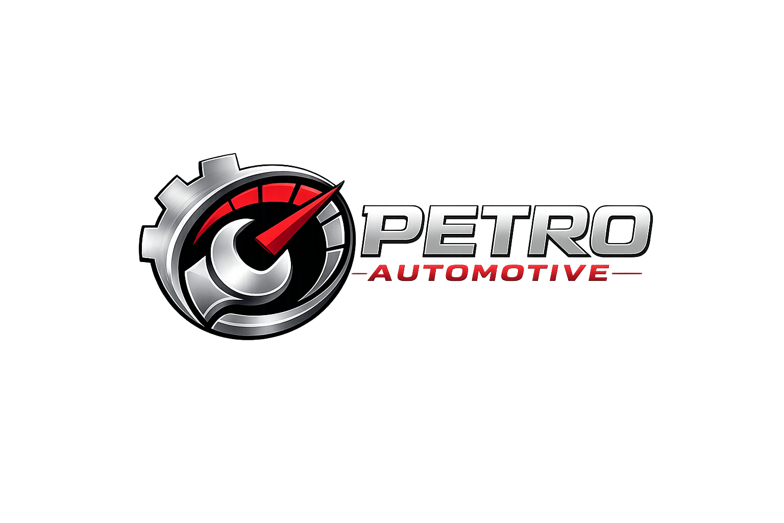 Logo for Petro Automotive featuring a stylized speedometer with a red needle, with the words "PETRO" in metallic silver and "AUTOMOTIVE" in red underneath.