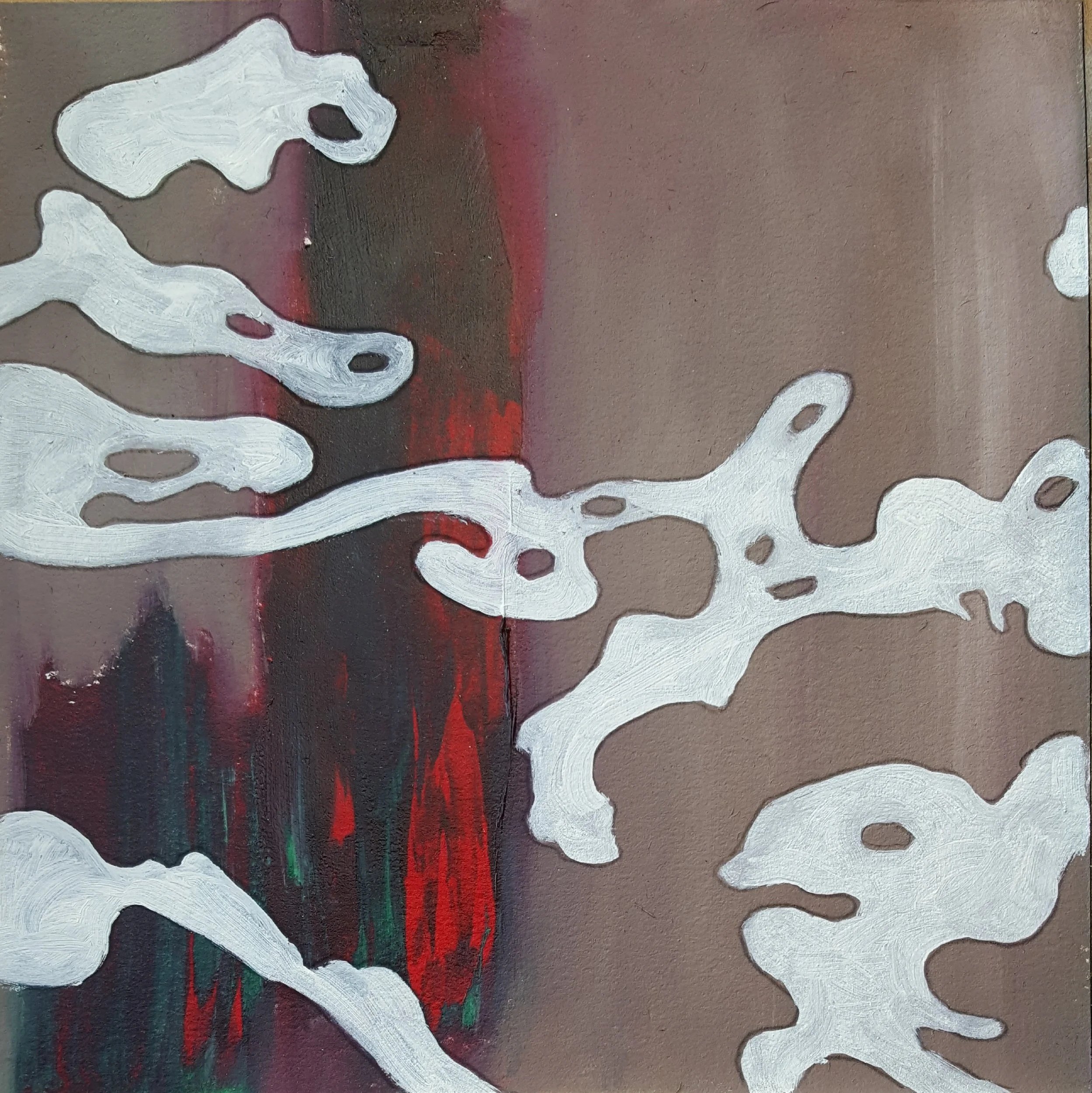 Abstract painting with a dark reddish-brown background and white cloud-like shapes with small holes, and some red and green streaks at the bottom.