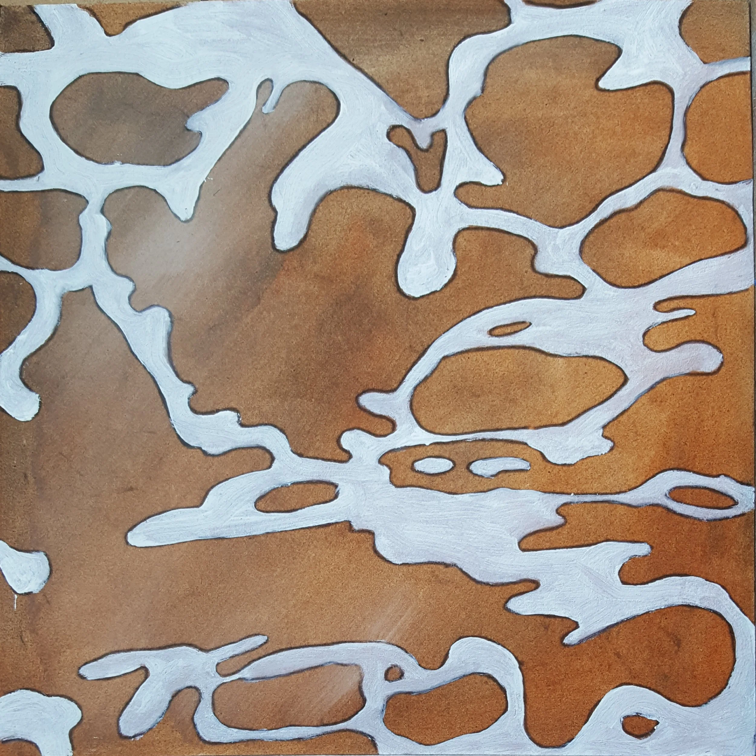 Abstract painting with irregular white shapes on a brown background.