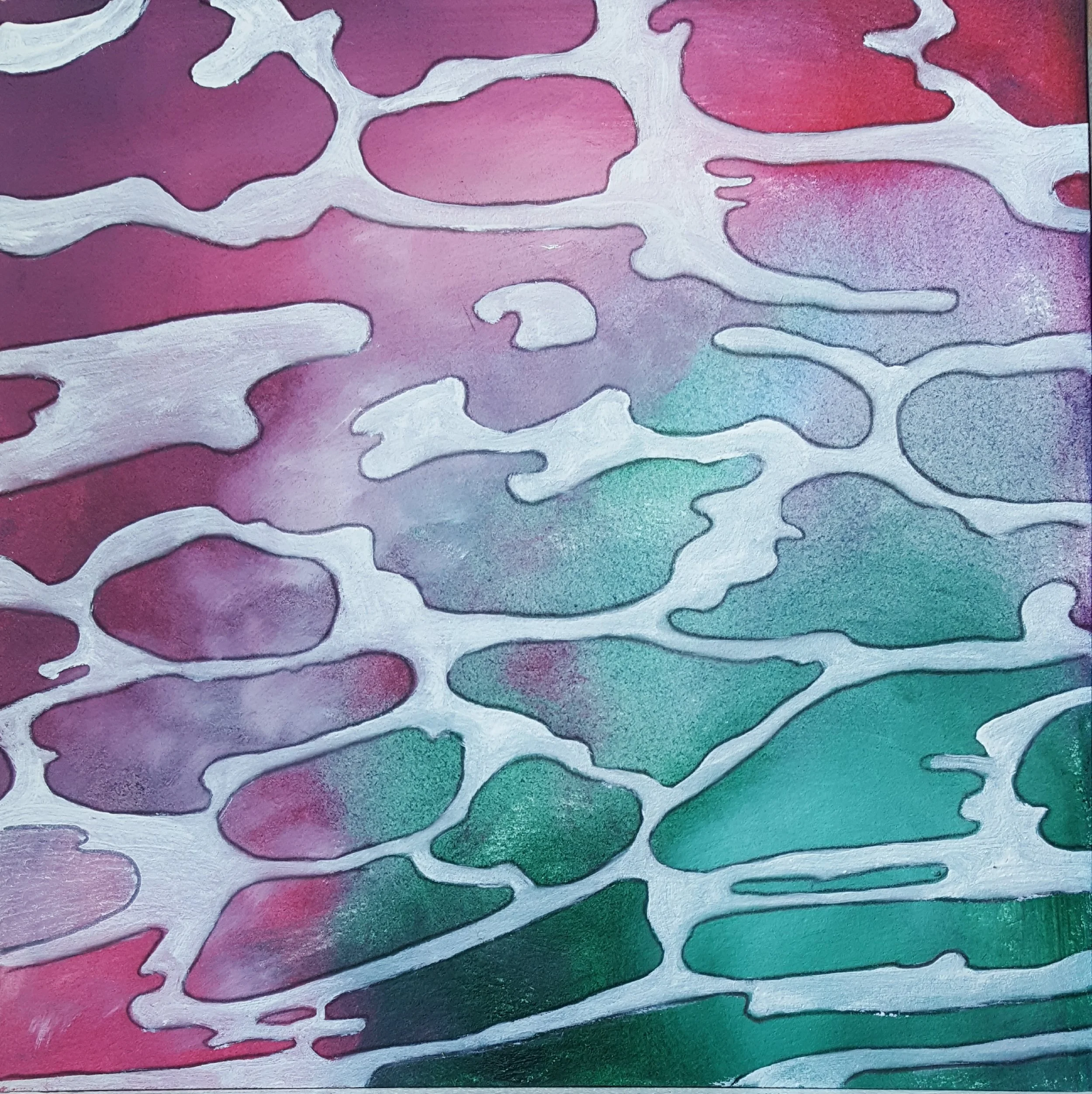 Abstract painting with irregular organic shapes in shades of pink, purple, teal, and green, outlined with white lines.