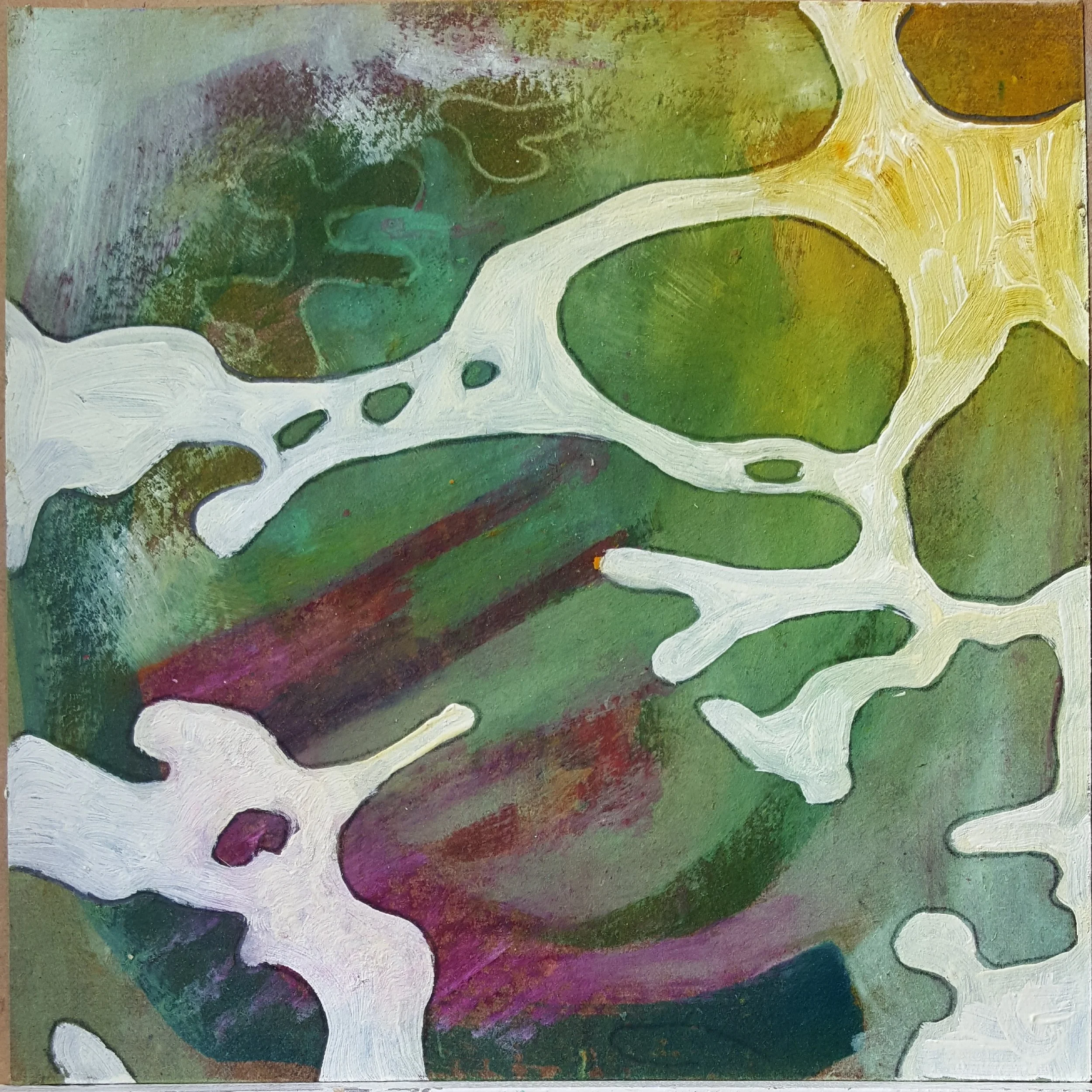 An abstract painting featuring green, purple, and brown hues with sweeping white lines and a yellow sun in the upper right corner.