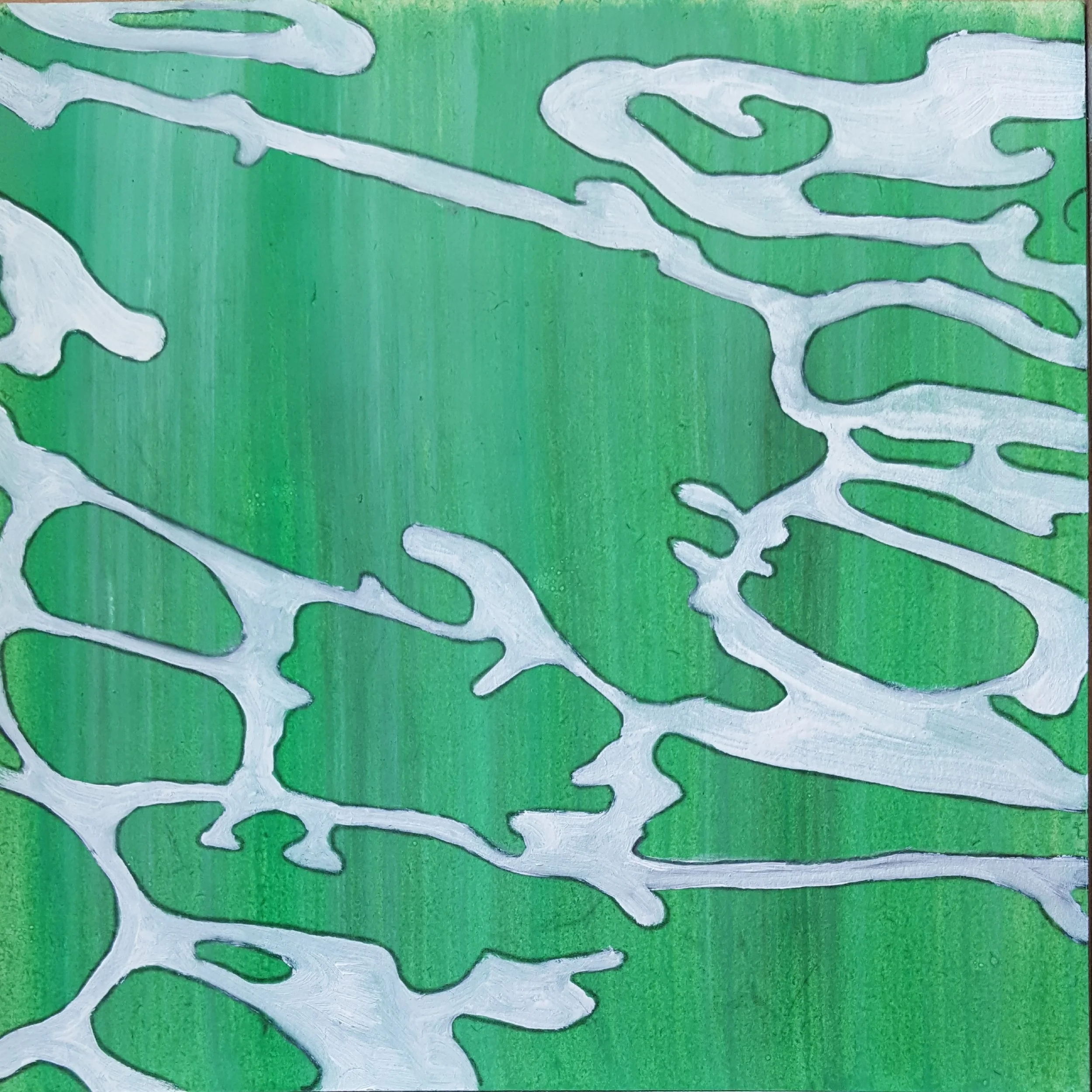 Abstract painting featuring green background with white organic, branching shapes resembling veins or coral