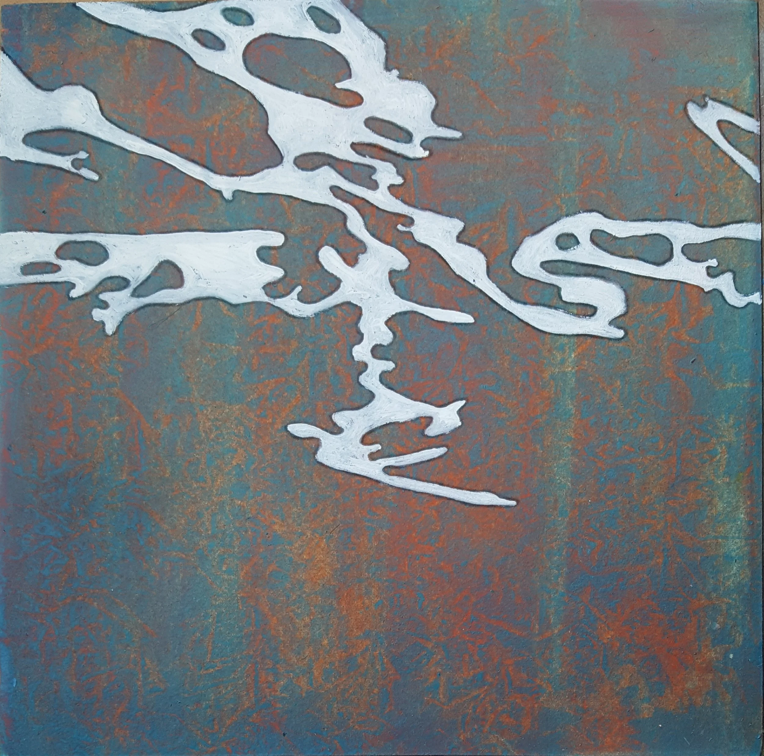 Abstract painting with a greenish-blue textured background and white irregular shapes resembling a cracked or peeling surface.