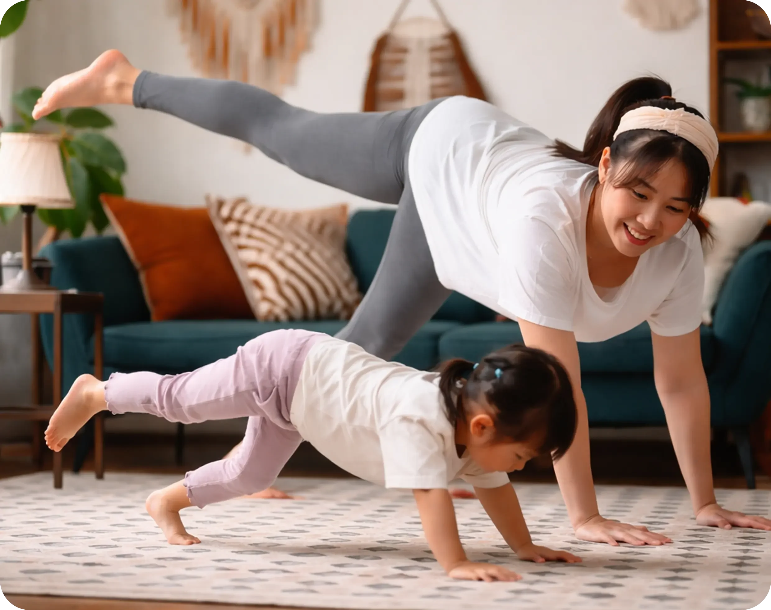 Woman and young girl doing a workout or exercise on a living room carpet, with the woman smiling and balancing on one leg while the girl supports herself on hands and feet.