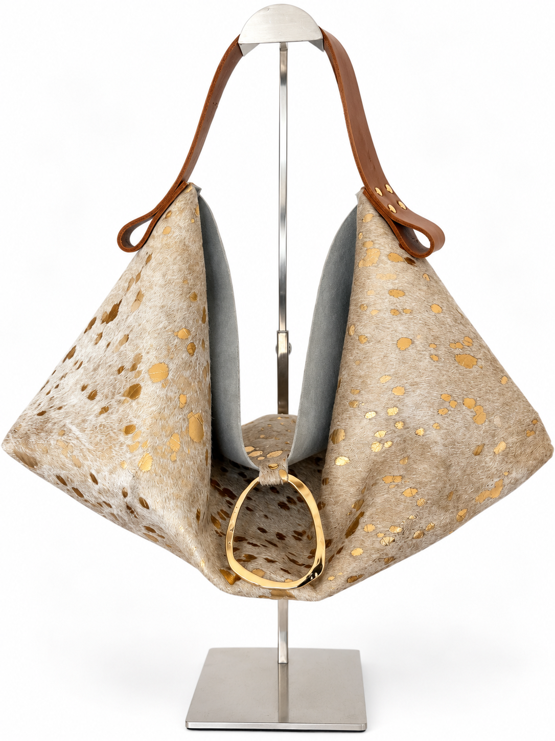 The Sieren Leather Bag in Beige/Gold Cowhide and light Brown Strap