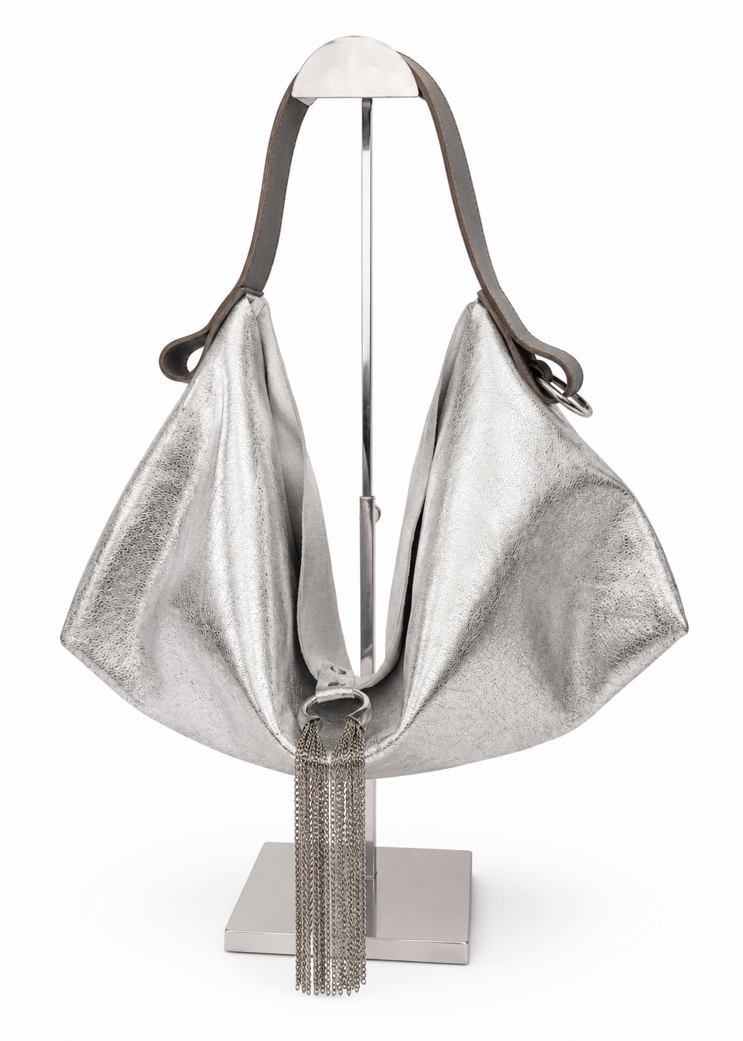 The Sieren Leather Bag in Crome Silver and Grey Strap