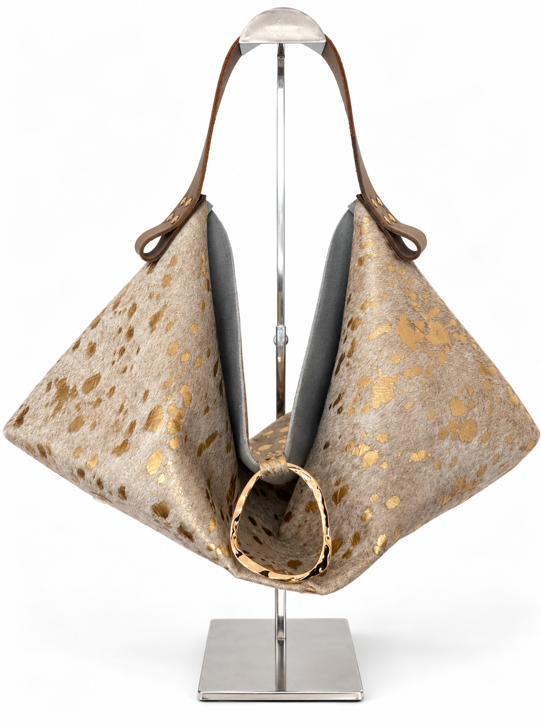 The Sieren Leather Bag in Beige/Gold Cowhide and Mocha Taube Strap