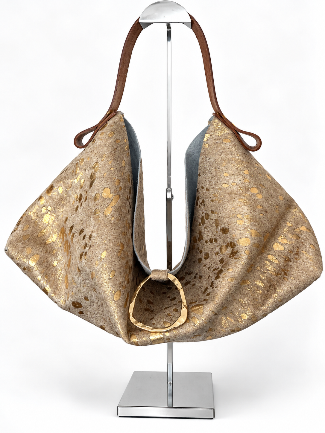 The Sieren Leather Bag in Beige/Gold Cowhide and Light Brown Strap
