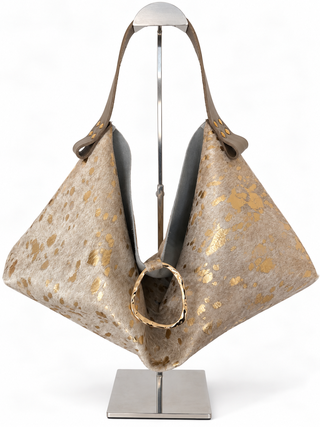 The Sieren Leather Bag in Beige/Gold Cowhide and Mocha Taube Strap