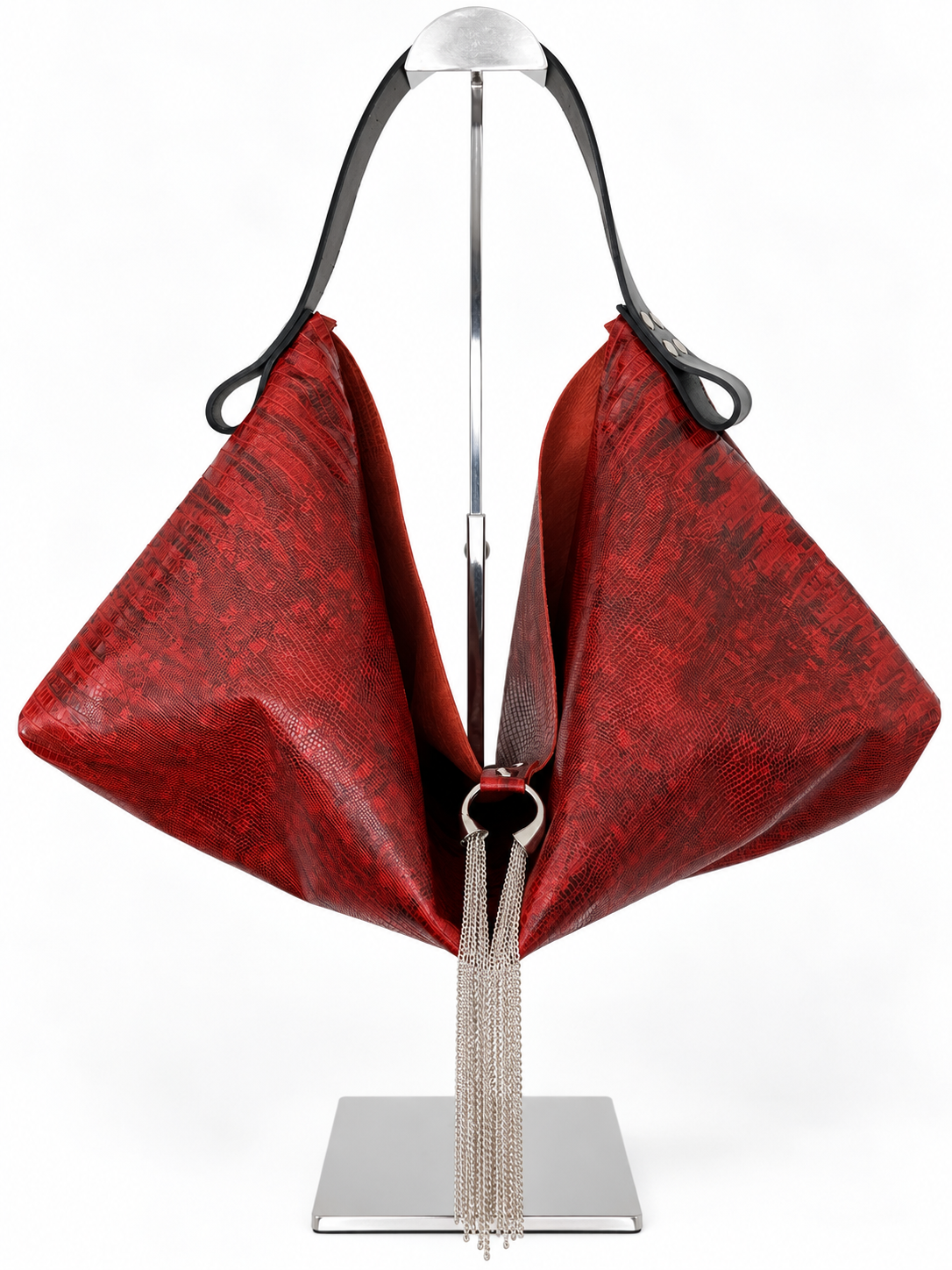 The Sieren Leather Bag in Red Snakeskin Leather and Black Strap