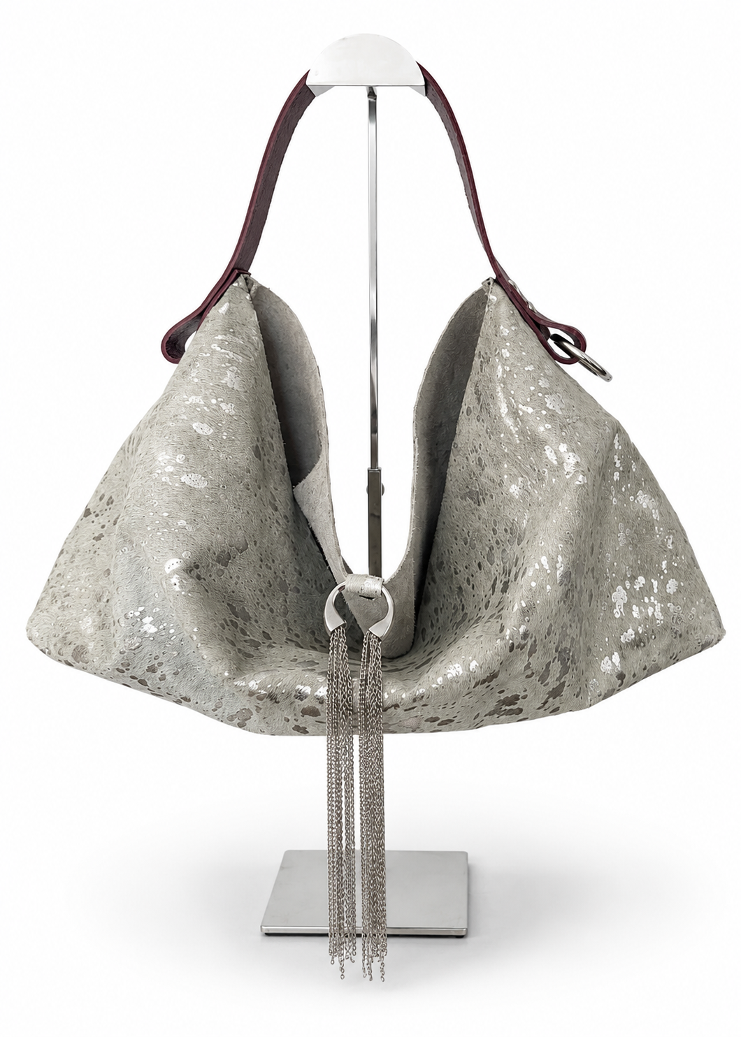 The Sieren Leather Bag in Grey Cowhide and Plum Strap