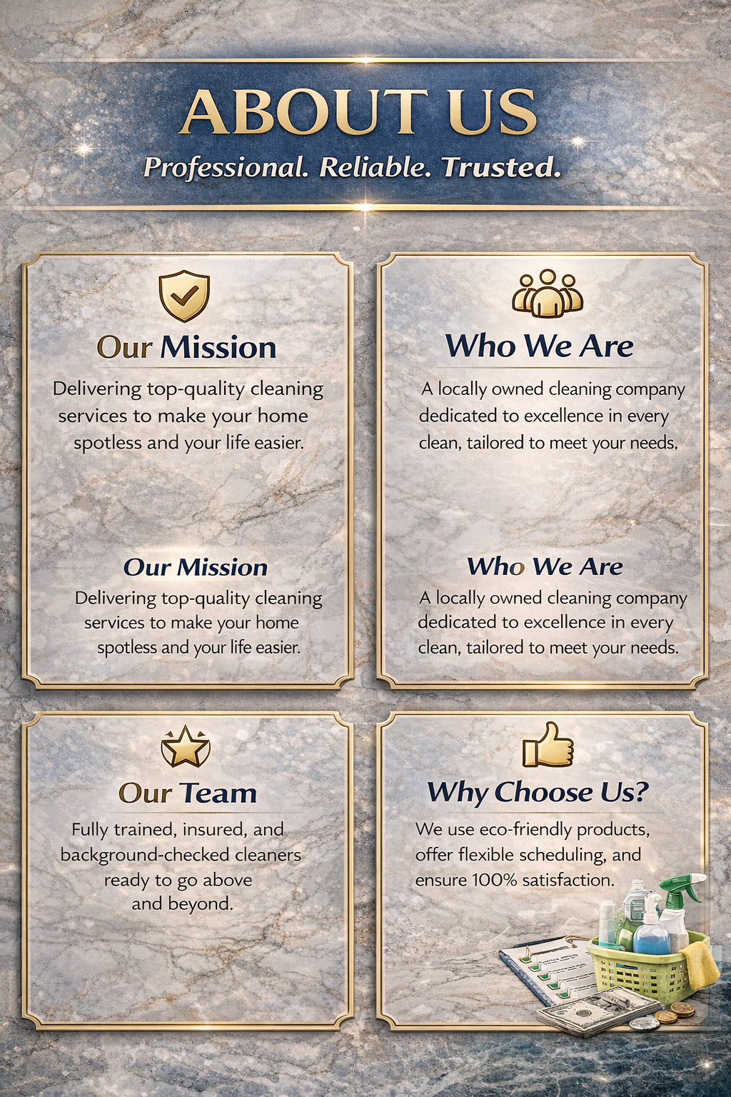 An informational poster titled 'About Us' describing a cleaning company's mission, team, and reasons to choose them, with a background resembling marble and a small basket of cleaning supplies and money in the bottom right corner.